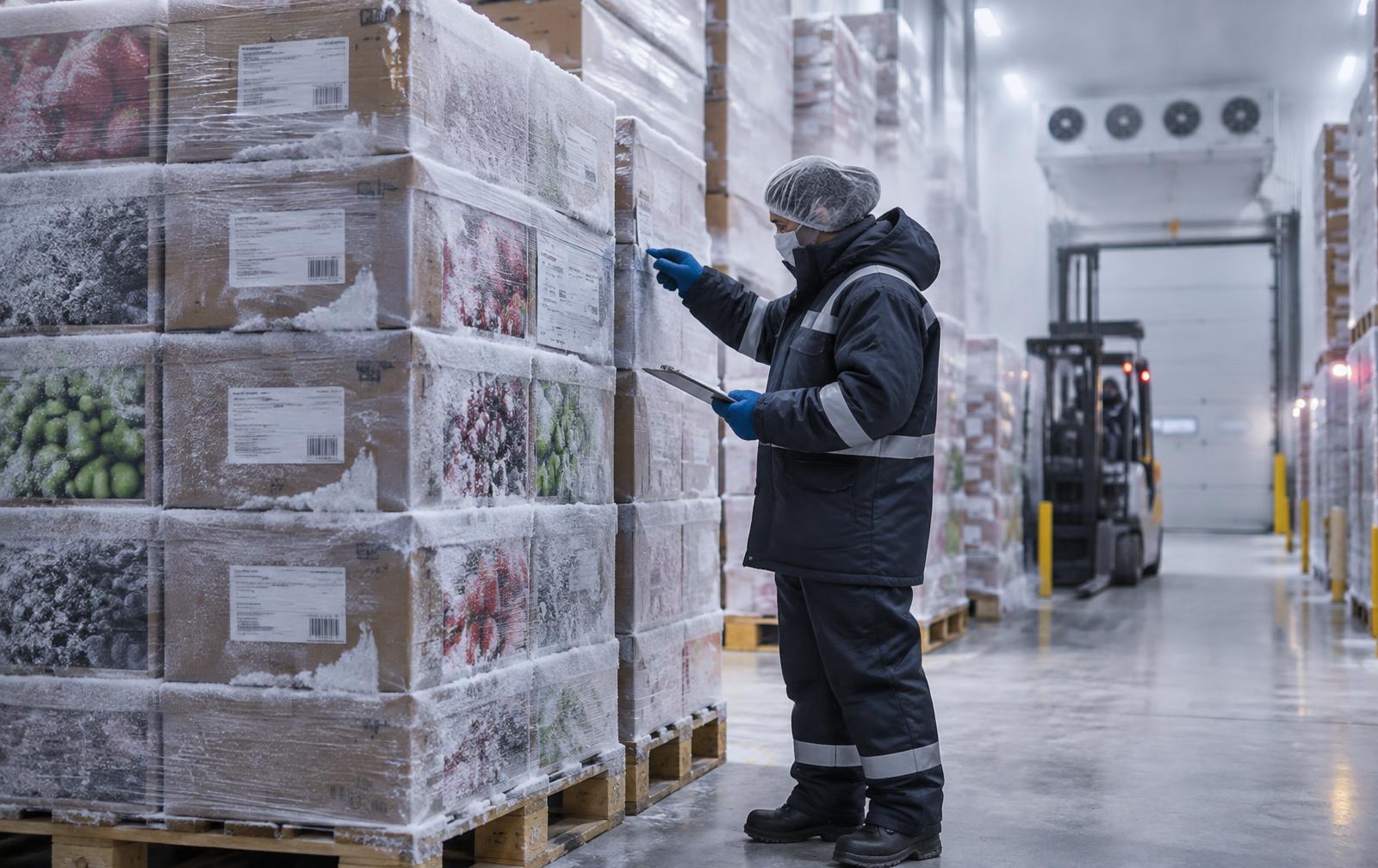 Cold-storage operator checking frost-covered export pallets
