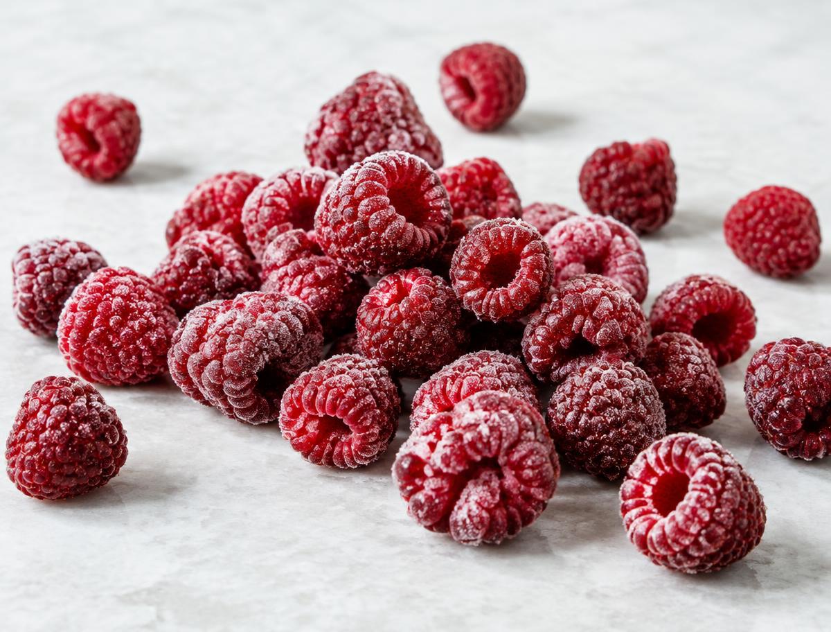 Frost-covered frozen raspberries for bulk supply