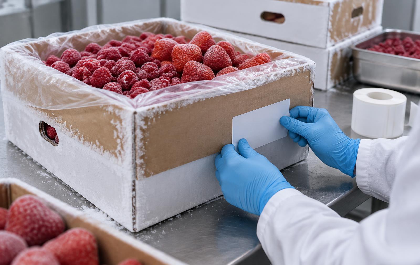 Frozen berries in a lined bulk carton during quality labelling